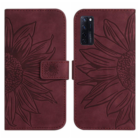 For ZTE Axon 20 4G/20 5G Skin Feel Sun Flower Pattern Flip Leather Phone Case with Lanyard(Wine Red)