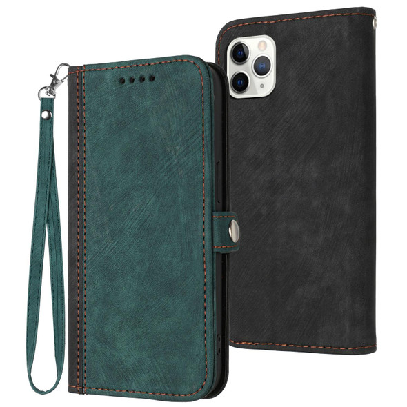 For iPhone 11 Pro Side Buckle Double Fold Hand Strap Leatherette Phone Case(Dark Green)