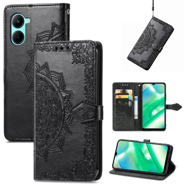 For Realme C33 Mandala Flower Embossed Leatherette Phone Case(Black)