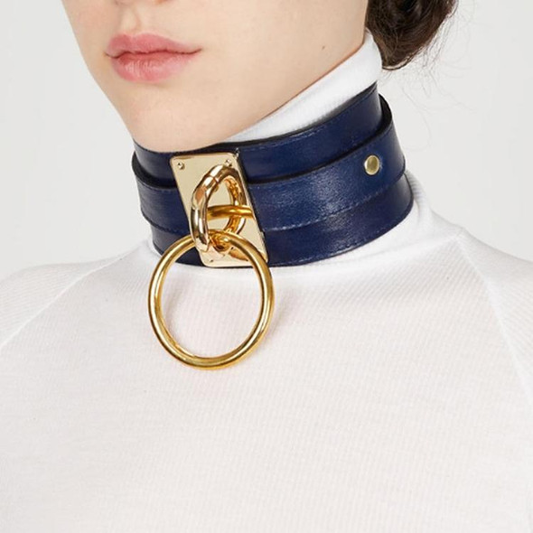 European and American Harajuku PU Leatherette Gold Single Ring Collar Wide Street-Snap Nightclub O-shaped Choker Necklace(Grey)