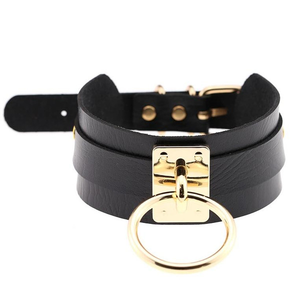 European and American Harajuku PU Leatherette Gold Single Ring Collar Wide Street-Snap Nightclub O-shaped Choker Necklace(Black)