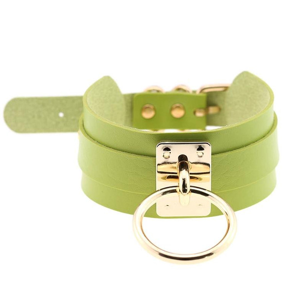 European and American Harajuku PU Leatherette Gold Single Ring Collar Wide Street-Snap Nightclub O-shaped Choker Necklace(Green)