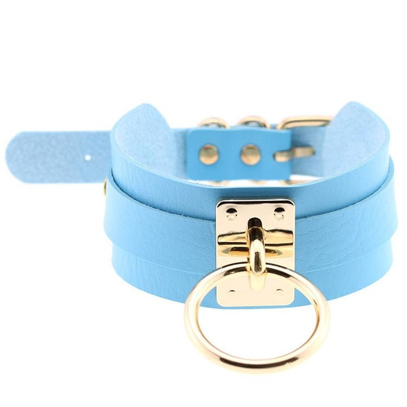 European and American Harajuku PU Leatherette Gold Single Ring Collar Wide Street-Snap Nightclub O-shaped Choker Necklace(Baby Blue)