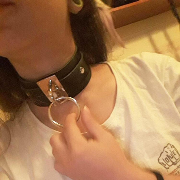 European and American Harajuku PU Leatherette Silver Single Ring Collar Wide Street-Snap Nightclub O-shaped Choker Necklace(Grey)