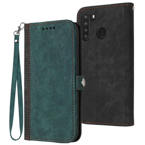 For Samsung Galaxy A21 Side Buckle Double Fold Hand Strap Leatherette Phone Case(Dark Green)