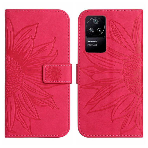 For Xiaomi Poco F4 5G Skin Feel Sun Flower Pattern Flip Leather Phone Case with Lanyard(Rose Red)