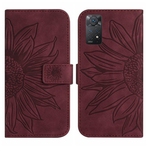 For Xiaomi Redmi Note 11 Global / Note 11s Skin Feel Sun Flower Pattern Flip Leather Phone Case with Lanyard(Wine Red)