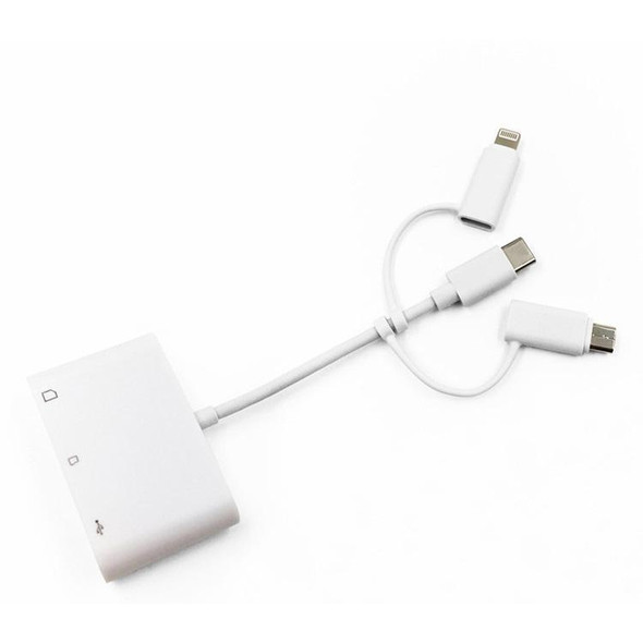 3 in 1 8-Pin And Micro USB And Type-C to TF & SD Card Reader USB OTG Extender Adapter (White)