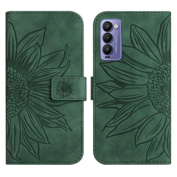 For Tecno Camon 18 / 18 P Skin Feel Sun Flower Pattern Flip Leatherette Phone Case with Lanyard(Green)