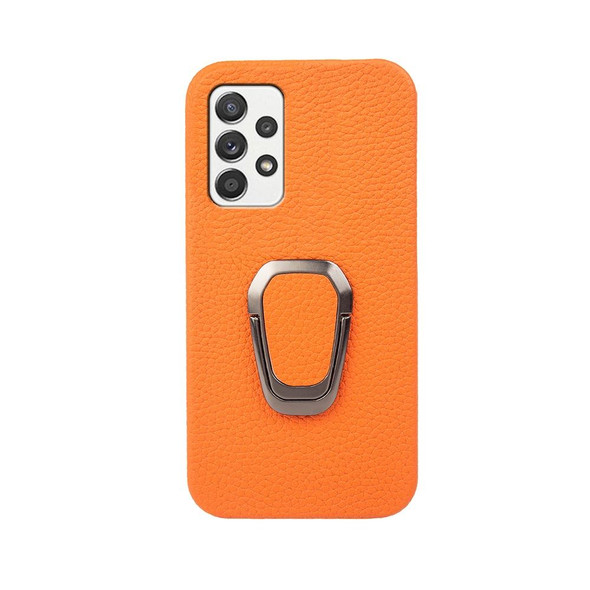 For Samsung Galaxy A52 5G Ring Holder Litchi Texture Genuine Leatherette Phone Case(Yellow)