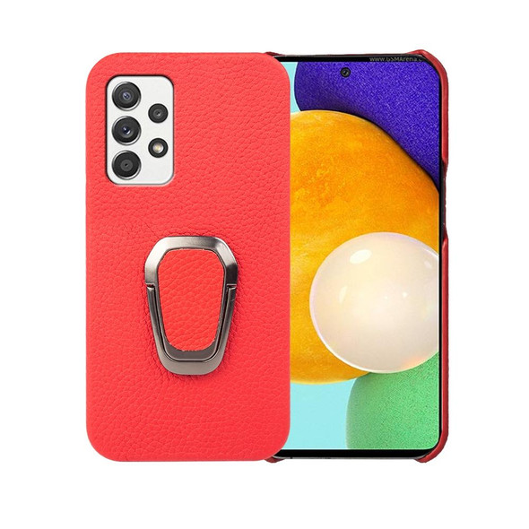 For Samsung Galaxy A52 5G Ring Holder Litchi Texture Genuine Leatherette Phone Case(Red)