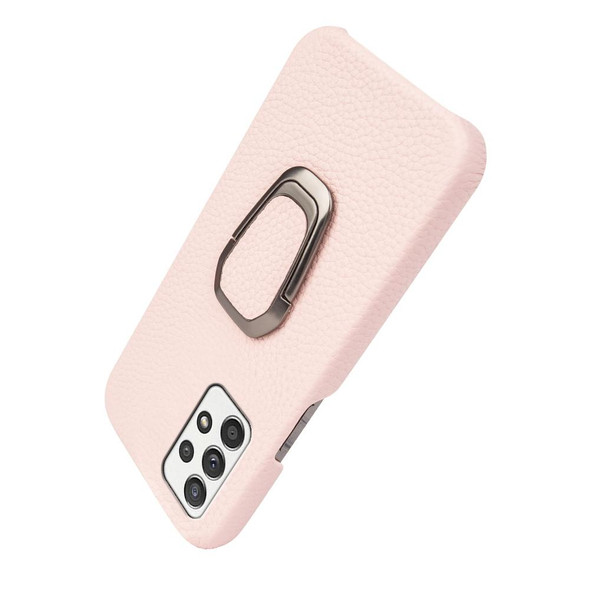 For Samsung Galaxy A52 5G Ring Holder Litchi Texture Genuine Leatherette Phone Case(Pink)