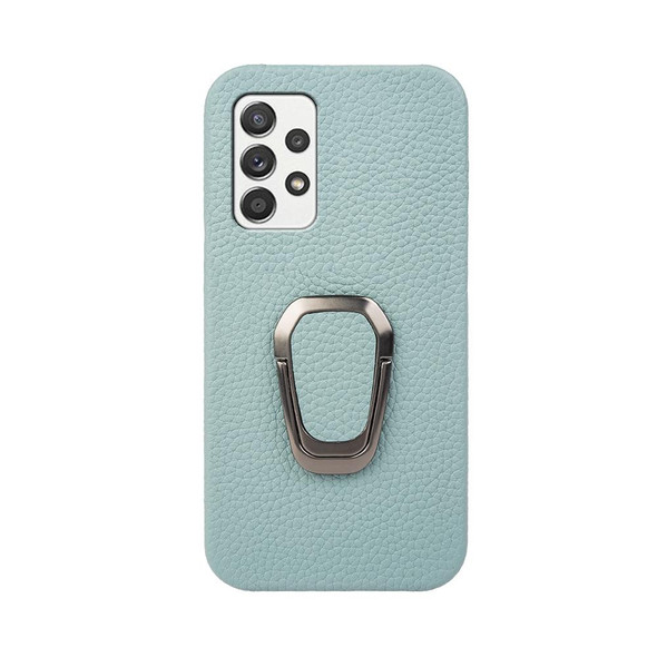 For Samsung Galaxy A52 5G Ring Holder Litchi Texture Genuine Leatherette Phone Case(Cyan)