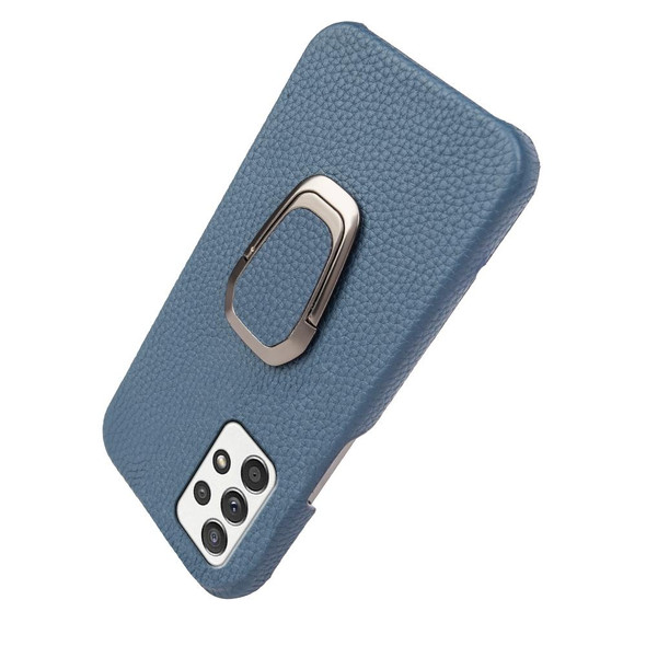 For Samsung Galaxy A52 5G Ring Holder Litchi Texture Genuine Leatherette Phone Case(Blue)