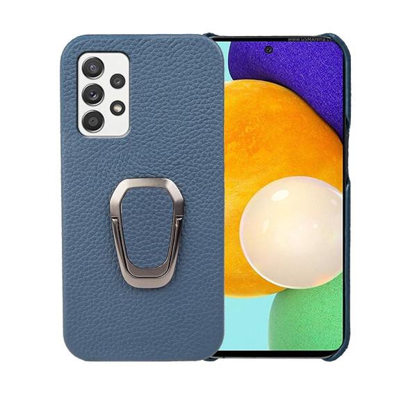 For Samsung Galaxy A52 5G Ring Holder Litchi Texture Genuine Leatherette Phone Case(Blue)