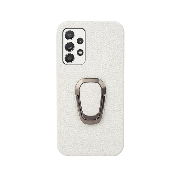 For Samsung Galaxy A52 5G Ring Holder Litchi Texture Genuine Leatherette Phone Case(White)