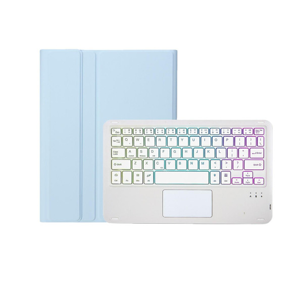 For iPad 10th Gen 10.9 2022 A10B-AS Lambskin Texture Backlight Bluetooth Touch Keyboard Leatherette Tablet Case with Pen Slot (Baby Blue)