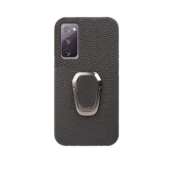For Samsung Galaxy S20 FE 5G Ring Holder Litchi Texture Genuine Leatherette Phone Case(Black)