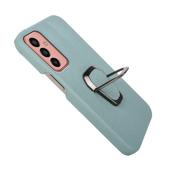 For Samsung Galaxy M13 4G Ring Holder Litchi Texture Genuine Leatherette Phone Case(Cyan)