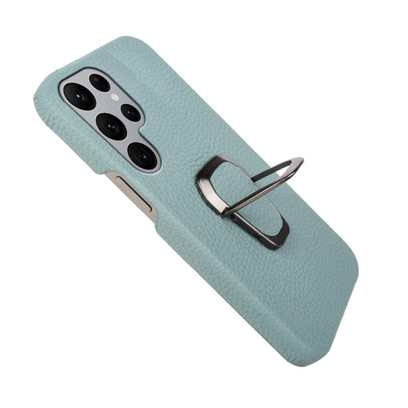 For Samsung Galaxy S22 Ultra 5G Ring Holder Litchi Texture Genuine Leatherette Phone Case(Cyan)