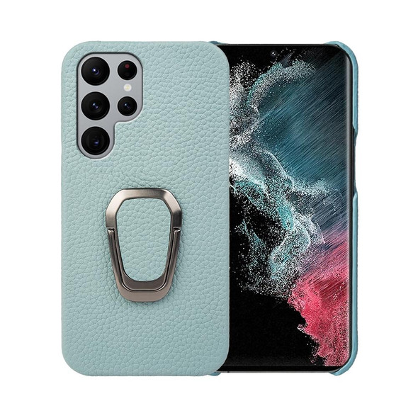 For Samsung Galaxy S22 Ultra 5G Ring Holder Litchi Texture Genuine Leatherette Phone Case(Cyan)