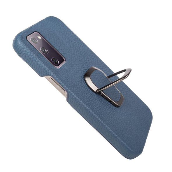 For Samsung Galaxy S20 FE 5G Ring Holder Litchi Texture Genuine Leatherette Phone Case(Blue)