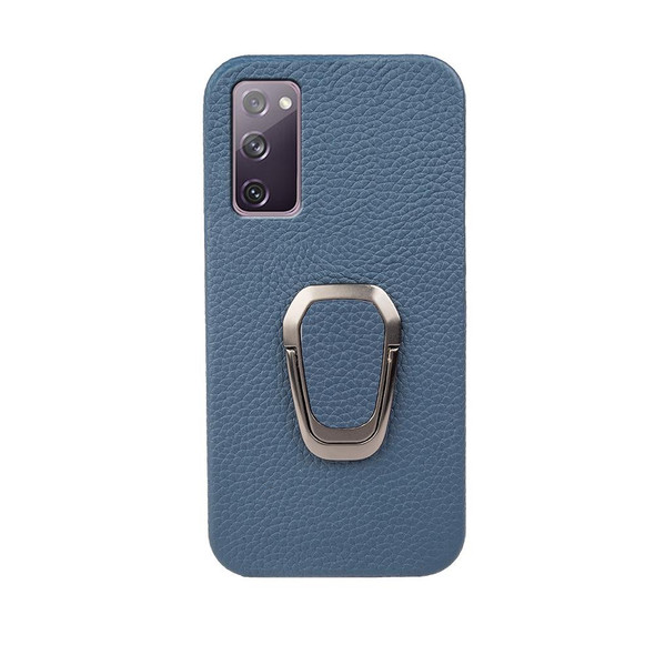 For Samsung Galaxy S20 FE 5G Ring Holder Litchi Texture Genuine Leatherette Phone Case(Blue)