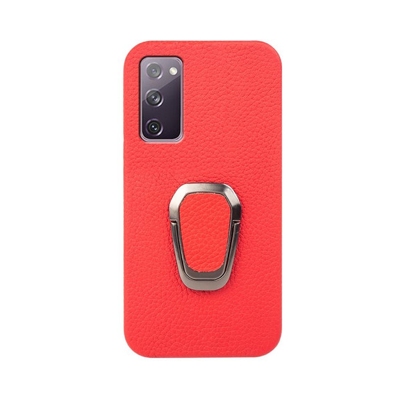 For Samsung Galaxy S20 FE 5G Ring Holder Litchi Texture Genuine Leatherette Phone Case(Red)