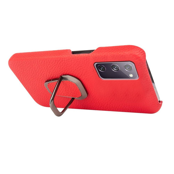 For Samsung Galaxy S20 FE 5G Ring Holder Litchi Texture Genuine Leatherette Phone Case(Red)