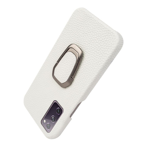 For Samsung Galaxy S20 FE 5G Ring Holder Litchi Texture Genuine Leatherette Phone Case(White)