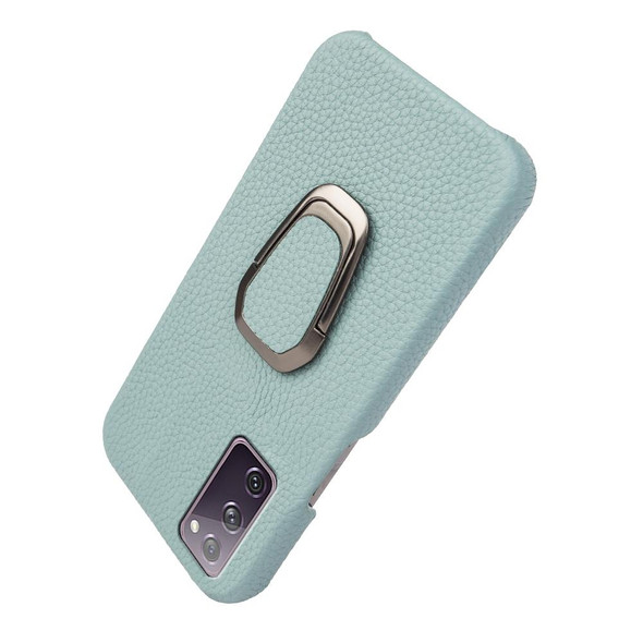 For Samsung Galaxy S20 FE 5G Ring Holder Litchi Texture Genuine Leatherette Phone Case(Cyan)