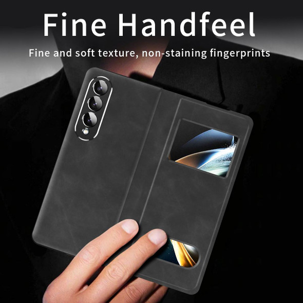 For Samsung Galaxy Z Fold4 Mature Window View Flip Leatherette Phone Case(Black Nappa)