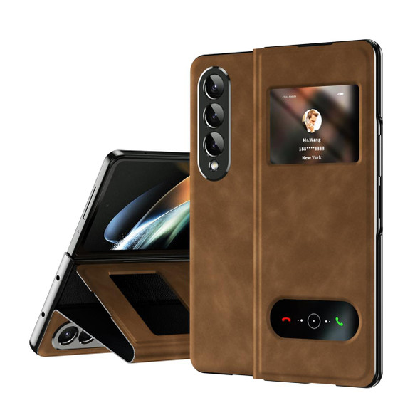 For Samsung Galaxy Z Fold4 Mature Window View Flip Leatherette Phone Case(Brown Nappa)