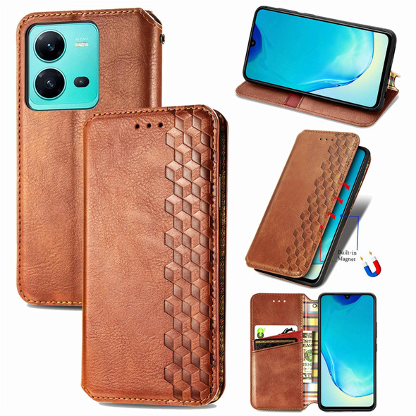 For vivo V25 Cubic Grid Pressed Magnetic Leather Phone Case(Brown)