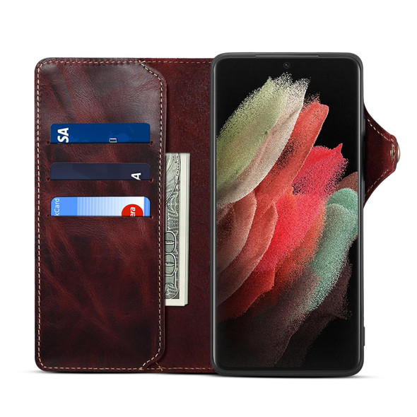 For Samsung Galaxy S21 Ultra 5G Denior Oil Wax Cowhide Magnetic Button Genuine Leatherette Case(Dark Red)