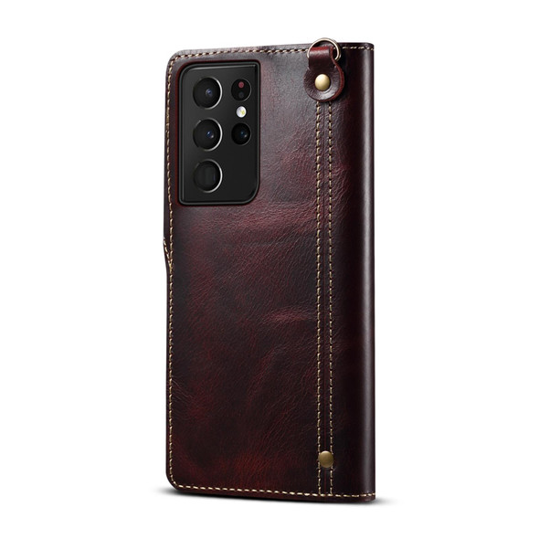 For Samsung Galaxy S21 Ultra 5G Denior Oil Wax Cowhide Magnetic Button Genuine Leatherette Case(Dark Red)