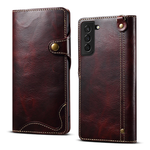 For Samsung Galaxy S21 5G Denior Oil Wax Cowhide Magnetic Button Genuine Leatherette Case(Dark Red)