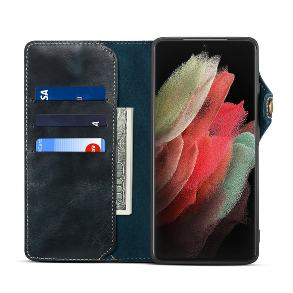 For Samsung Galaxy S21 Ultra 5G Denior Oil Wax Cowhide Magnetic Button Genuine Leatherette Case(Dark Blue)