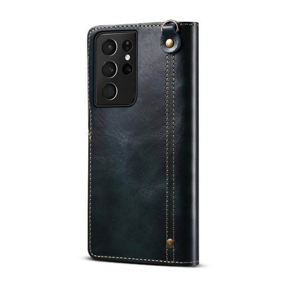 For Samsung Galaxy S21 Ultra 5G Denior Oil Wax Cowhide Magnetic Button Genuine Leatherette Case(Dark Blue)