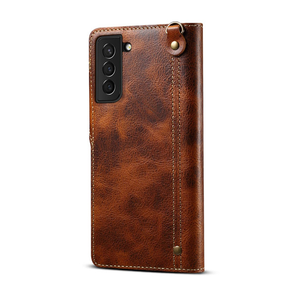 For Samsung Galaxy S21 5G Denior Oil Wax Cowhide Magnetic Button Genuine Leatherette Case(Brown)