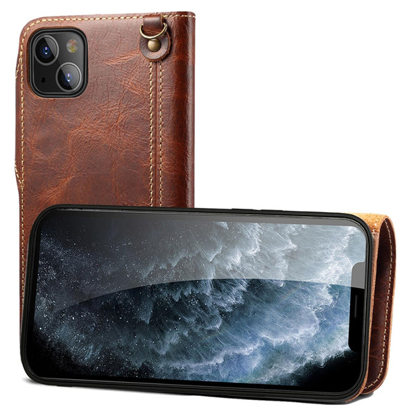 For iPhone 13 mini Denior Oil Wax Cowhide Magnetic Button Genuine Leatherette Case(Brown)