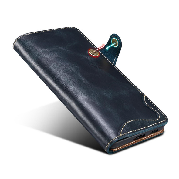 For Samsung Galaxy S21+ 5G Denior Oil Wax Cowhide Magnetic Button Genuine Leatherette Case(Dark Blue)