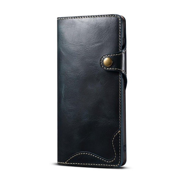 For Samsung Galaxy S21+ 5G Denior Oil Wax Cowhide Magnetic Button Genuine Leatherette Case(Dark Blue)