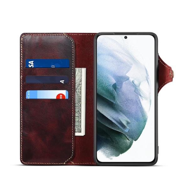 For Samsung Galaxy S21+ 5G Denior Oil Wax Cowhide Magnetic Button Genuine Leatherette Case(Dark Red)