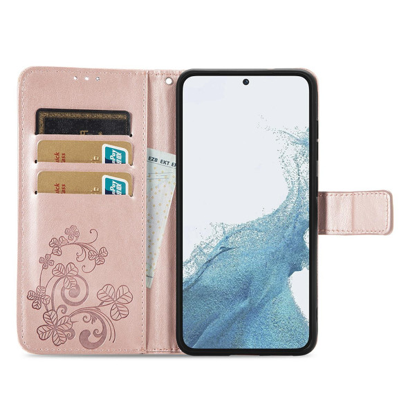 For Samsung Galaxy S23+ 5G Four-leaf Clasp Embossed Buckle Leatherette Phone Case(Rose Gold)