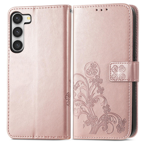 For Samsung Galaxy S23 Ultra 5G Four-leaf Clasp Embossed Buckle Leatherette Phone Case(Rose Gold)