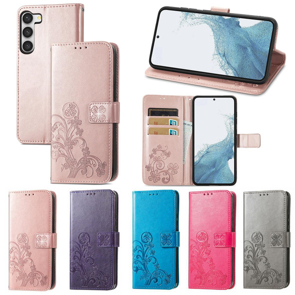 For Samsung Galaxy S23 Ultra 5G Four-leaf Clasp Embossed Buckle Leatherette Phone Case(Rose Gold)