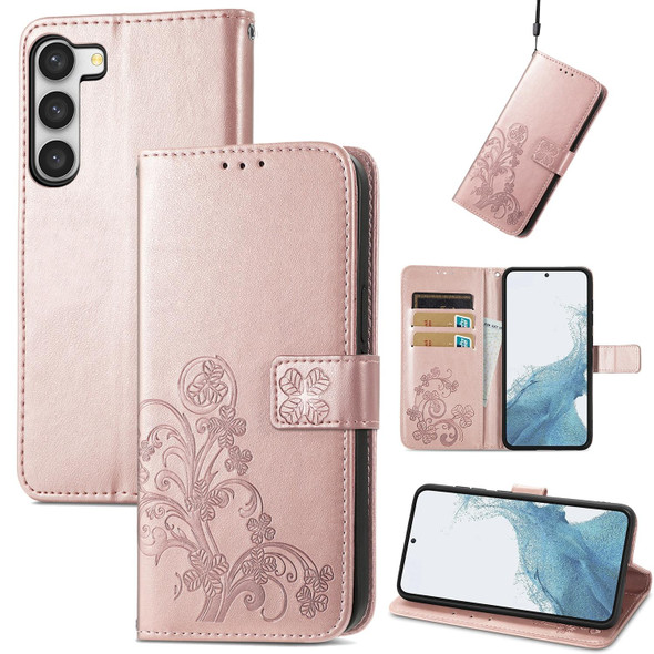 For Samsung Galaxy S23 5G Four-leaf Clasp Embossed Buckle Leatherette Phone Case(Rose Gold)