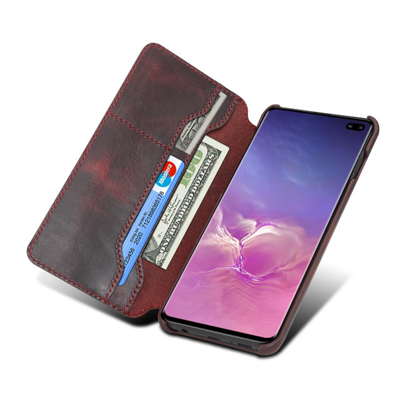 For Samsung Galaxy S10+ Denior Oil Wax Top Layer Cowhide Simple Flip Leatherette Case(Dark Red)