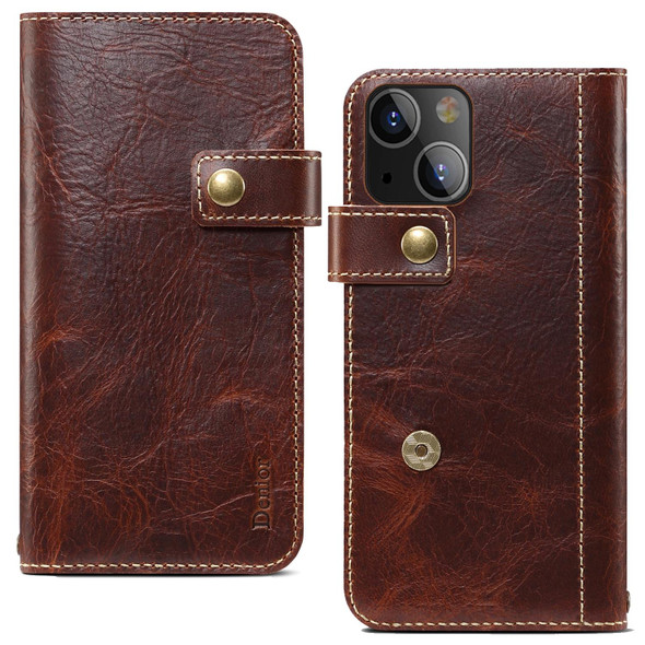 For iPhone 13 mini Denior Oil Wax Cowhide DK Magnetic Button Leatherette Phone Case(Brown)